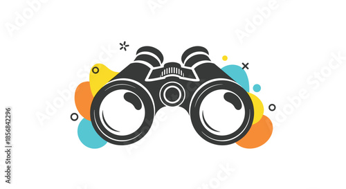 Stylized binoculars silhouette surrounded by colorful abstract shapes representing search, vision, and discovery.