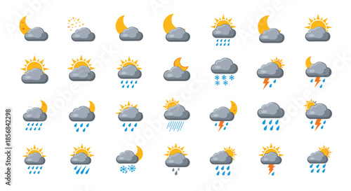 Large collection of weather forecast symbols including sun, moon, clouds, rain, snow, and lightning for meteorology.
