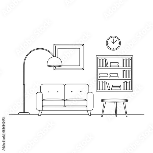 Minimalist living room with couch bookshelf and floor lamp sofa