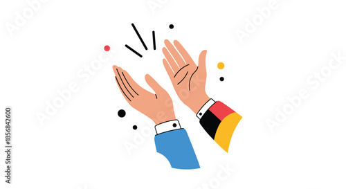 Vector illustration of two hands clapping in applause, with colorful accents on the sleeves and celebration sparks around them.