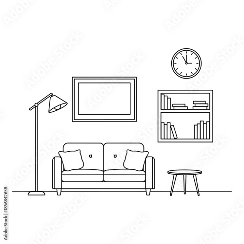 Minimalist living room with sofa lamp framed bookshelf and clock on wall