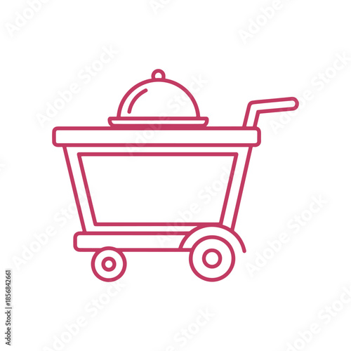 Red outline of shopping cart with handle and wheels on white background