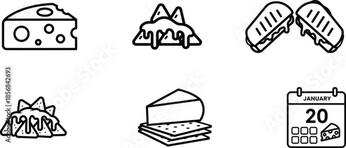 Cheese icons with calendar date January 20  cheese slices and wedges with melted cheese