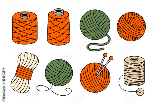 Colorful assortment of yarn, thread spools, and knitting supplies for craft projects