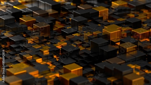 Fotografi dark metallic cube landscape with glowing amber seams and dense stacked blocks f