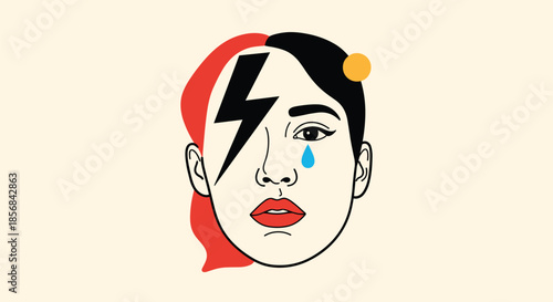 A striking pop art illustration of a woman's face with a lightning bolt, a single tear, and bold colors expressing complex emotions.