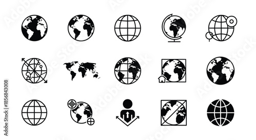A set of black and white globe and world map icons representing global communication, travel, and geography in a simple line style.