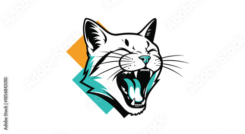 A dynamic and stylized illustration of a roaring or yawning cat head with a modern graphic design aesthetic and bold color accents.