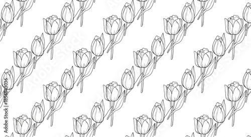 A beautiful seamless floral pattern featuring hand-drawn tulip flowers arranged in elegant diagonal rows, perfect for spring-themed designs.