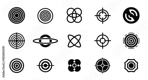 A diverse collection of black and white target, crosshair, and abstract geometric icons for representing goals, focus, and precision.