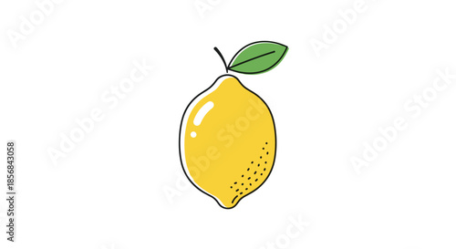 A cute and simple doodle-style illustration of a bright yellow lemon with a single green leaf, isolated on a clean white background.