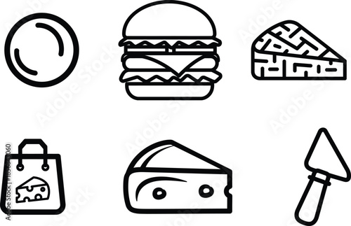 Food icons including burger pizza cheese plate and shopping bag