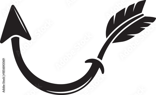 Black arrow with feather tail curving upwards on white background
