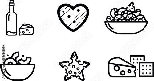 Food and drink icons with cheese bottle heart bowl starfish crackers