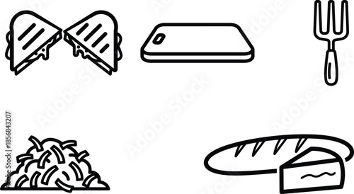 Food icons including pizza slices cheese fork pasta bread and cake