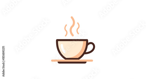 A simple and cute flat design icon of a steaming hot cup of coffee or tea on a saucer, perfect for cafe and beverage-related graphics.