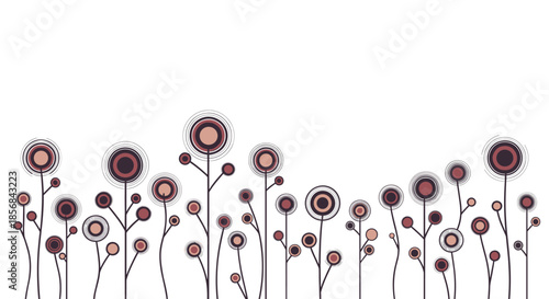 A beautiful and abstract floral background with stylized, circular flowers on thin stems, creating a whimsical and artistic garden scene.