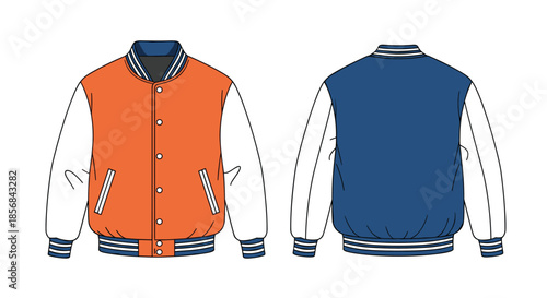 A classic varsity or bomber jacket template with orange and blue colors and striped trim, shown from both the front and back views.