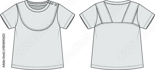 Baby t shirt front and back view, infant apparel technical design, cad drawing flat vector illustration clothing template
