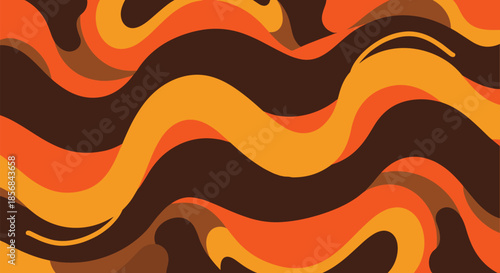 A groovy and abstract background with flowing psychedelic waves in warm shades of orange and brown, evoking a retro 1970s aesthetic.