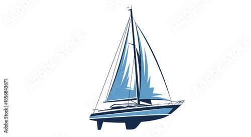 A stylized vector illustration of a modern sailboat with blue sails, perfect for logos and emblems related to sailing, sea, and travel.