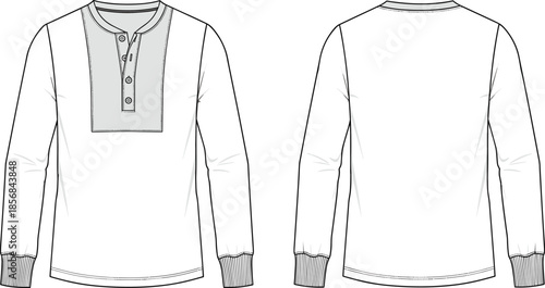 Men long sleeve henley shirt front and back view, apparel cad drawing flat vector illustration, fashion technical clothing design