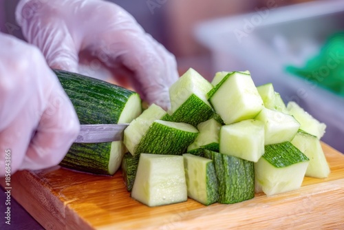Gloved hands cutting zucchini into cubes on wooden board in close-up for food preparation concept