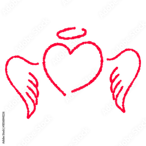 Red hand drawn heart with angel wings and halo. Romantic love illustration for Valentine’s Day, wedding designs, greeting cards and branding.
