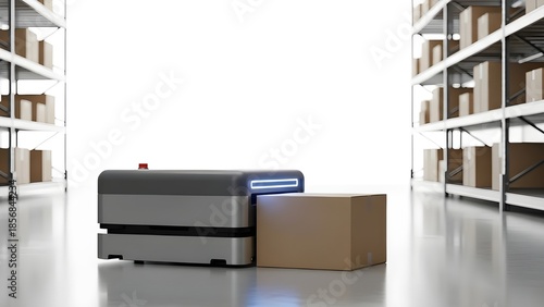 Photorealistic Autonomous Warehouse Robot Moving Box in Modern Bright Warehouse Aisle with Copy Space, 8K JPEG