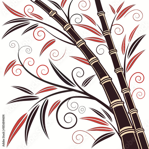 A decorative pattern featuring stylized bamboo stalks swirling leaves and vibrant red accents against a clean white backdrop