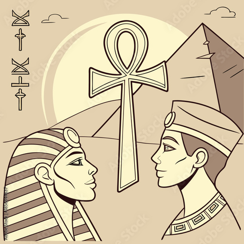 Ancient egyptian pharaohs depicted alongside iconic symbols like the ankh pyramids and hieroglyphs in a stylized illustration