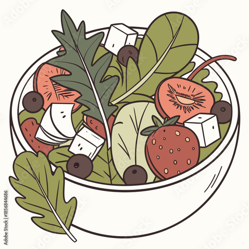 A vibrant and colorful salad bowl featuring fresh strawberries feta cheese spinach and olives presented in a simple style