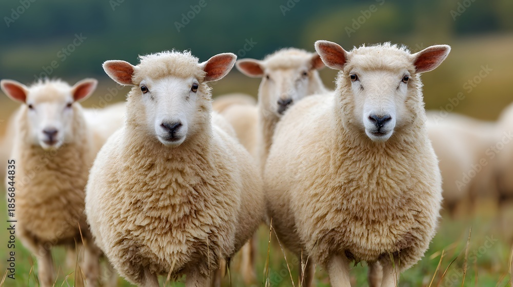 Fototapeta premium Close-up of a flock of fluffy white sheep grazing in a green pasture, looking at the camera.