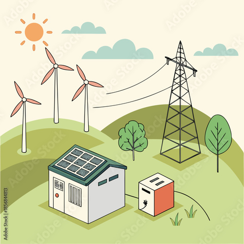 A vibrant illustration depicts a sustainable landscape with wind turbines solar panels and power lines showcasing renewable energy sources