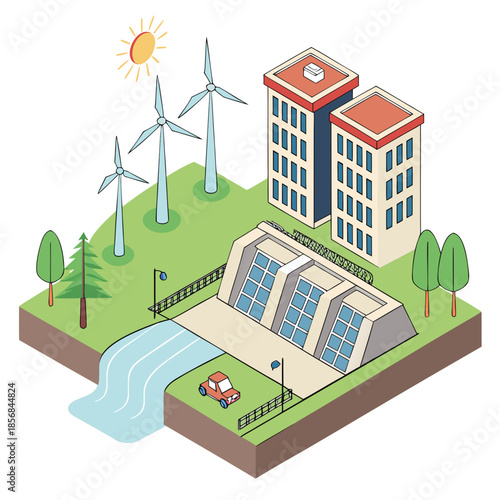 A vibrant isometric illustration showcases a sustainable city featuring wind turbines a hydroelectric dam and modern buildings