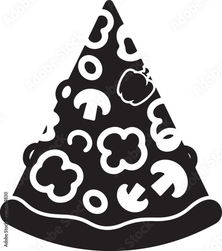 Black and white pizza slice icon with mushroom and pepper toppings food icon pizza topping
