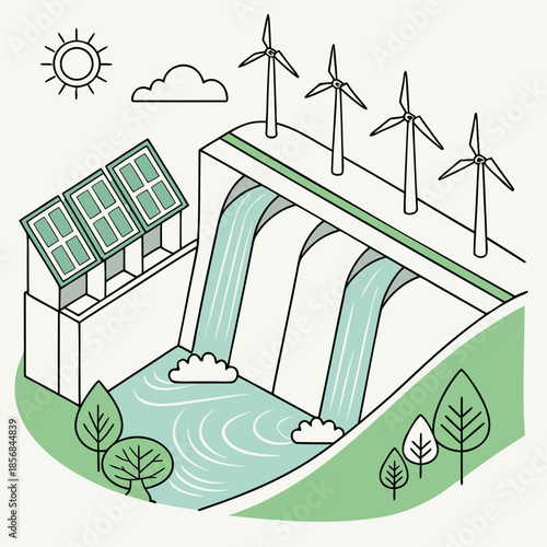 An illustrative depiction of sustainable energy sources including wind turbines solar panels and a hydroelectric dam showcasing green power solutions