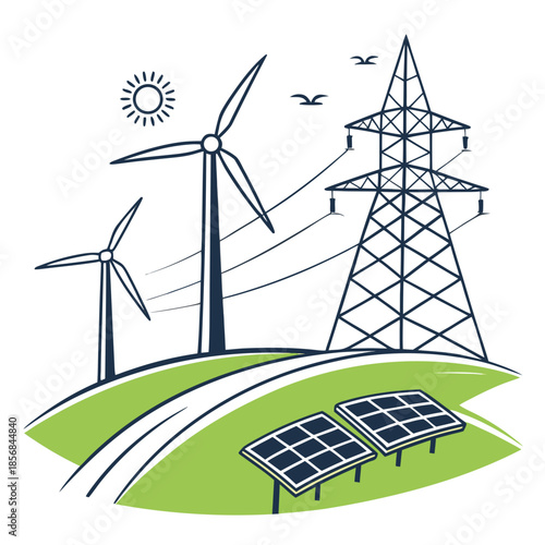 A vibrant illustration depicts renewable energy sources including wind turbines solar panels and electrical transmission towers against a bright sky