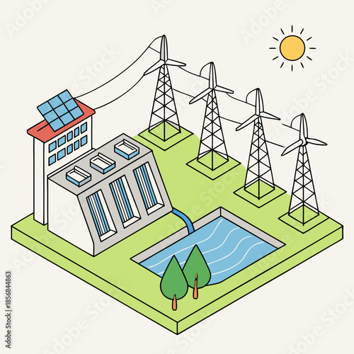 Isometric illustration displaying a sustainable energy landscape with wind turbines solar panels and a hydroelectric power station