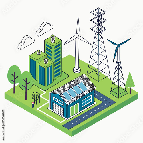 A vibrant isometric illustration depicts a sustainable city with wind turbines buildings solar panels and green spaces promoting clean energy