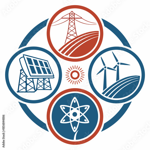 A circular emblem showcases various energy sources including solar wind nuclear hydroelectric and power grid infrastructure