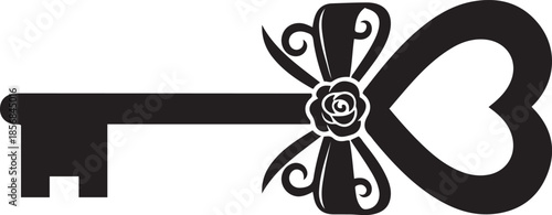 Black silhouette of an ornate antique key with a heart-shaped bow adorned with a rose and ribbon vintage