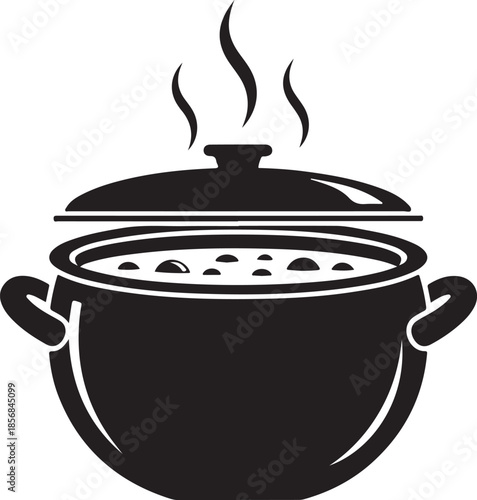 Black silhouette of a steaming cooking pot with handles on white background vector