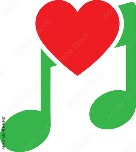 Red heart symbol on of two green musical notes on white background love