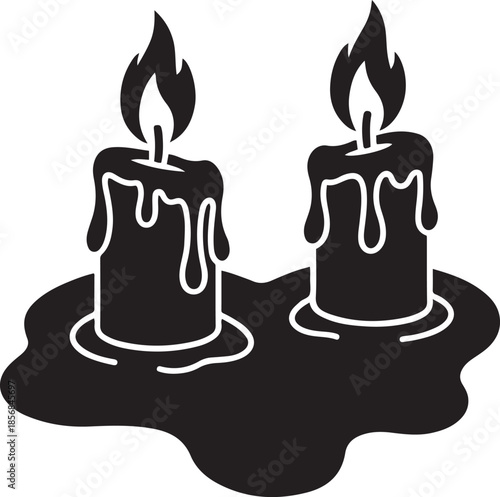Two black silhouette candles with flames melting wax on a dark surface fire burning