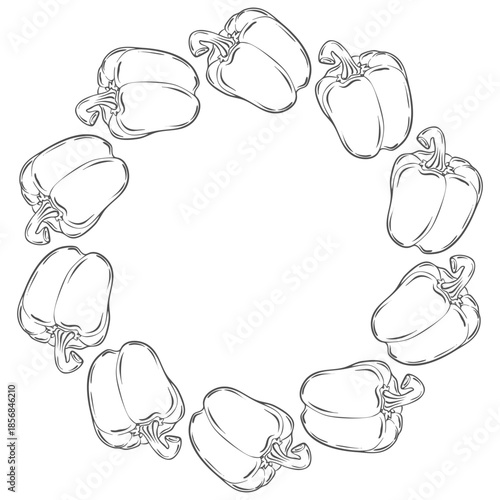 Round frame with peppers. Hand-drawn vegetables. Vegetarian diet food with vitamins for preparing delicious and healthy dishes.