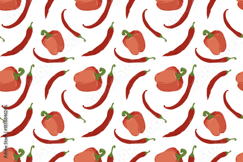 Seamless pattern with peppers and chili peppers. Hand-drawn vegetables. Vegetarian diet food with vitamins for preparing delicious and healthy dishes.
