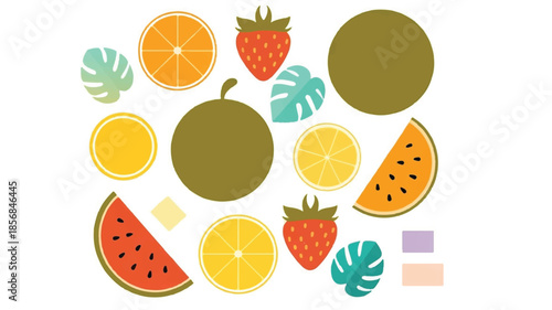 A fresh and healthy collection of ripe fruits and vegetables featuring a seamless pattern of citrus slices like orange, lemon, and lime alongside juicy strawberry, banana, and pineapple vector icons