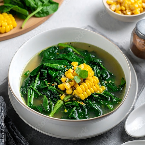 Hearty spinach soup with corn kernels in a white bowl