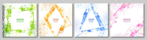 Set of 4 decorative frames in grunge style. Colorful bright colors borders. Halftone dots. Vector illustration.